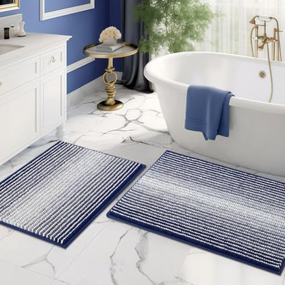 BSICPRO Bathroom Rugs Sets 2 Piece, Non Slip Striped Bath Mats, Navy - color: Navy, size: 20" x 32" Plus 16" x 24"
