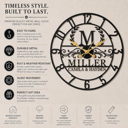 Personalized Family Name Metal Wall Clock Custom Monogram Silent Wall Clock - color: Design8