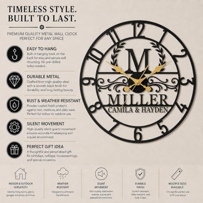 Personalized Family Name Metal Wall Clock Custom Monogram Silent Wall Clock - color: Design8