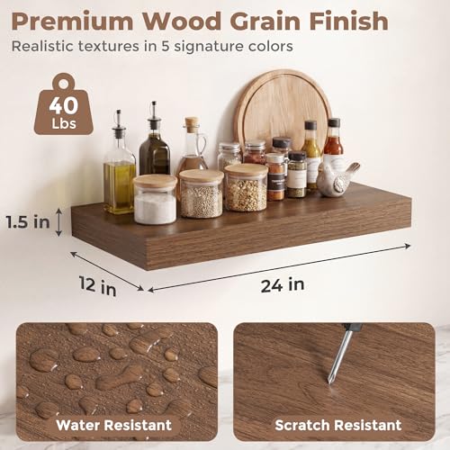 Venusmiles 12 inch Deep Floating Shelves for Wall, 24" Wide, Walnut, 2-Pack - color: Walnut Finish, size: 24"w x 12"d, 2p