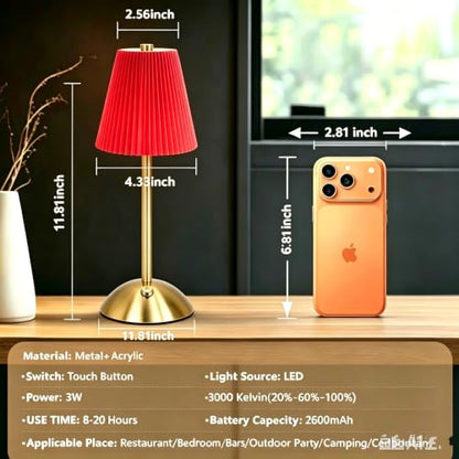 Gold Cordless LED Table Lamps, Red Fabric Shade Desk Lamps（Red - color: Red