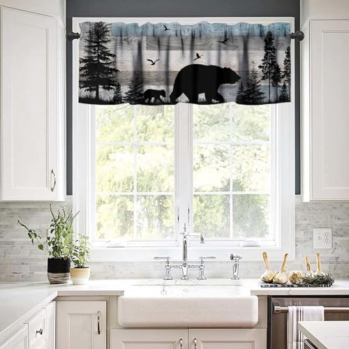 Rustic Bear Valance, Retro Woodland Wild Animals Farmhouse Country Wooden Board Pine Forest Bear Bird Print Rod Pocket Short Window Treatment for Kitchen Bedroom Bathroom, 54x18inch - color: Deer-6