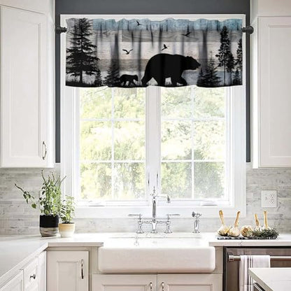 Rustic Bear Valance, Retro Woodland Wild Animals Farmhouse Country Wooden Board Pine Forest Bear Bird Print Rod Pocket Short Window Treatment for Kitchen Bedroom Bathroom, 54x18inch - color: Deer-6