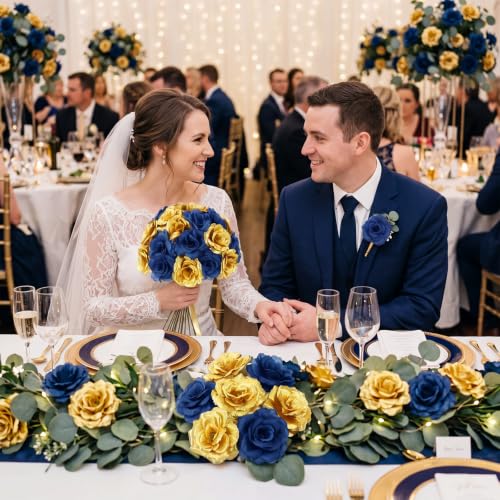 Yunlly 100 Pcs Artificial Flower for Wedding, Navy Blue, Gold - color: Navy Blue, Gold