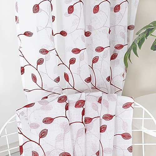 Tollpiz Leaves Sheer Tier Curtain Burgundy Red Leaf Embroidery Kitchen Half Curtains Rod Pocket Voile Faux Linen Embroidered Leaves Curtain for Bathroom, 30 x 36 inches Long, Set of 2 Panels - color: Burgundy Red, size: 30"W x 36"L (Pack of 2)