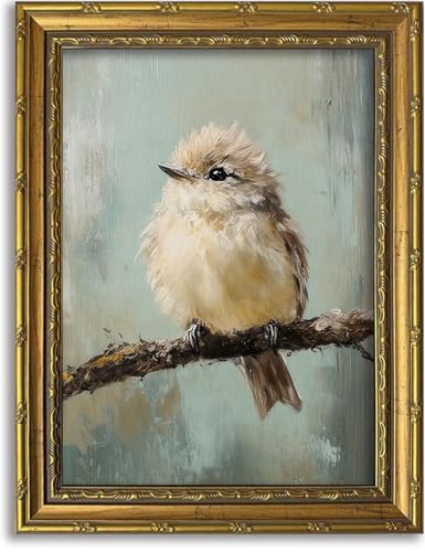 DR.RiftArt Vintage Bird Wall Art Cute Fluffy Bird on Branch Oil Painting - color: Cute Bird, size: 16"L x 12"W