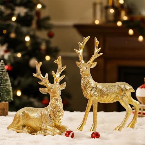 Lulu Home 2 Packs Gold Reindeer Figurines, Sitting & Standing - style: 2 Peers with Texture