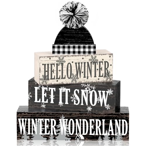 Geelin 4 Pcs Winter Hat Wooden Table Decorations Farmhouse Tiered Decor - style: Winter Hat