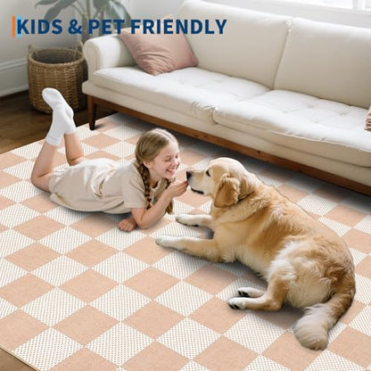 GarveeHome Checkered Blush Beige 5x7 Washable Rug Low-Pile Bedroom Nursery - color: Blush Beige, size: 5' x 7' (Rectangular)
