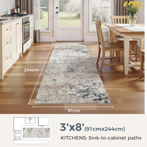 DMOYEST Washable Runner Rug for Hallway: 3x8 Neutral Modern Abstract Low Pile Area Rug with Non-Slip Backing - Carpet for Bedroom Kitchen Laundry Entryway Bathroom Indoor - Beige Blue - color: Beige Blue, size: 3' x 8' (Runner)