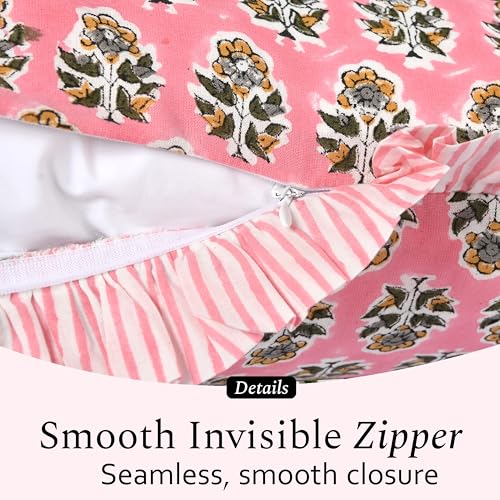 CPC Poppy Pink Block Print Ruffle Pillow Cover 16x16 Inch, Pack of 2 - color: Poppy Pink, size: 16" x 16" (Pack of 2)