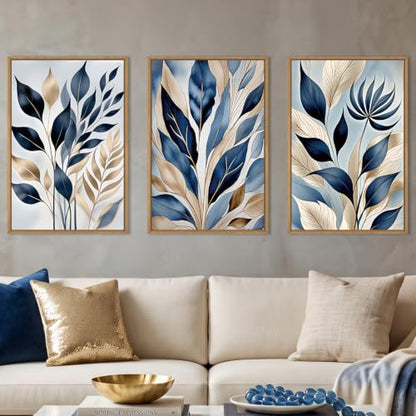 HPNIUB Large Boho Blue Botanical Leaf Framed Wall Art Set -24"x36"x3 - color: Abstract Leaf Wall Art, size: 24"L x 36"W