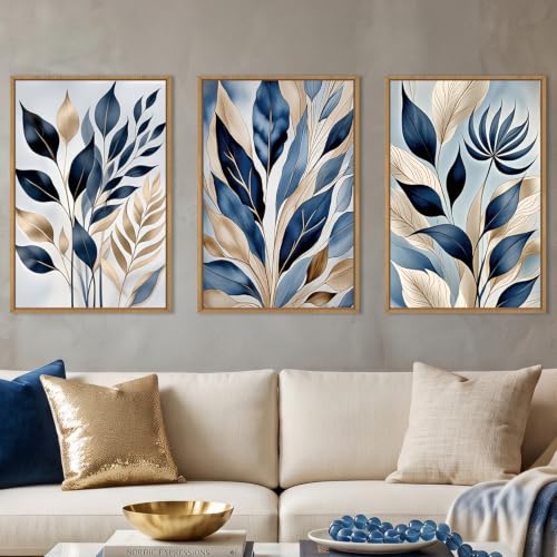 HPNIUB Large Boho Blue Botanical Leaf Framed Wall Art Set -24"x36"x3 - color: Abstract Leaf Wall Art, size: 24"L x 36"W