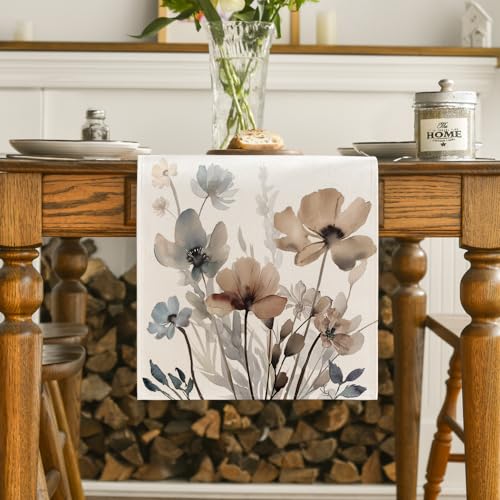 Artoid Mode Brown Poppy Floral Spring Table Runner Home Decor 13x120 Inch - size: 13" x 120", Table Runner