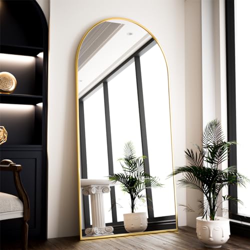 VooBang Oversized Full Length Mirror, 71" x 30" Arch Floor Mirror with Stand, Aluminum Alloy Frame Full Body Mirror for Bedroom Bathroom Living Room Decor, Gold - color: Gold, size: 71"L x 30"W