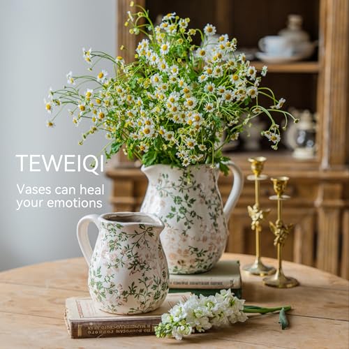 Vintage White and Green Floral Ceramic Vase with Handle, Retro Ice Glazed Crack Farmhouse Pitcher Vase for Home Decor, Living Room, Shelf, Office, Rustic Table Centerpiece 6 Inch - color: Green and White, size: Small Pitcher