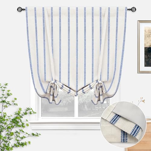 DriftAway Farmhouse Double Layer Linen Blackout Tie Up Curtains Thermal Insulated Vertical Striped Fully Lined Balloon Roman Shade Bathroom Window Adjustable Rod Pocket 39 Inch by 55 Inch Navy - color: Navy Blue, size: 39"W x 55"L (Pack of 1)