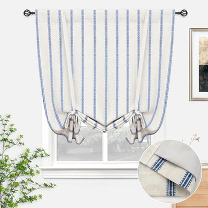 DriftAway Farmhouse Double Layer Linen Blackout Tie Up Curtains Thermal Insulated Vertical Striped Fully Lined Balloon Roman Shade Bathroom Window Adjustable Rod Pocket 39 Inch by 55 Inch Navy - color: Navy Blue, size: 39"W x 55"L (Pack of 1)