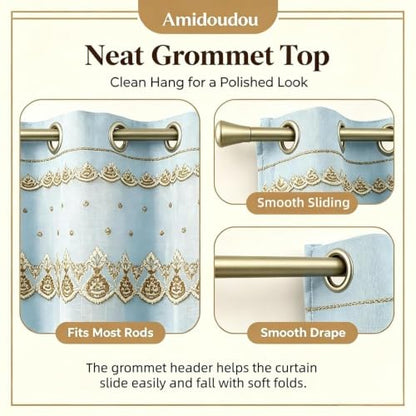 Amidoudou 1 Pair European Double Layer Curtains with Sheer Curtains for Living Room Bedroom Luxury Embroidered Blackout Curtains (Blue,52x96 Inch) - color: Blue, size: 52"W x 96"L (Pack of 2)