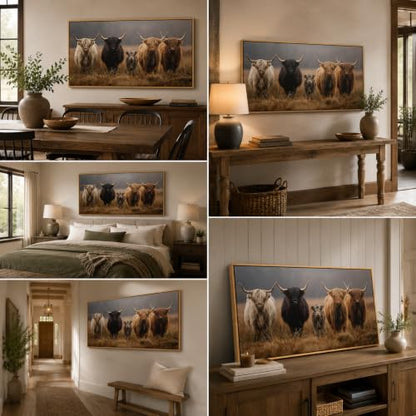 Framed Highland Cow Family Farmhouse Canvas Wall Art 24x48 Inch - color: Highland Cow, size: 48"L x 24"W