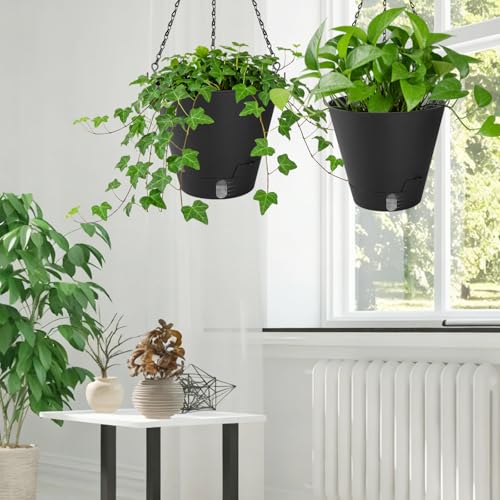 8 Inch Hanging Planters Indoor Outdoor, 3 Pack Plastic Self Watering Plant Pots with Drainage Holes & Saucers, Hanging Baskets Flower Pots with Chain for Ivy, Spider Plant, Pothos, Ferns - color: Black
