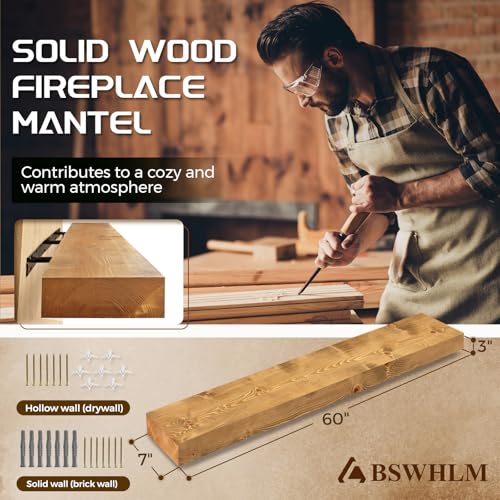 60x7x3in Solid Pine Wood Fireplace Mantel, Natural Wood - color: Natural Wood, size: 60x3x7-solid