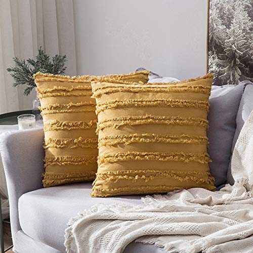 MIULEE Boho Linen Striped Throw Pillow Covers 18x18, Yellow - color: Yellow, size: 18" x 18" (Pack of 2)