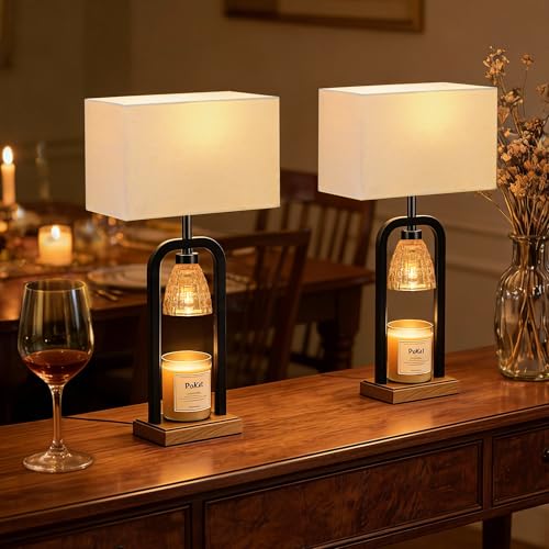 PoKat 21.5'' Bedroom Table Lamps Set of 2 with Candle Warmer & Gift Box - color: Set of 2 - Metal Black With Wood-print Finish