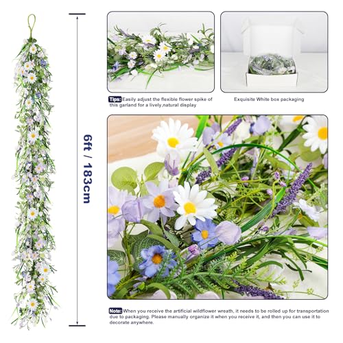 6ft Summer Daisy Garland with Flowers - color: Lavender
