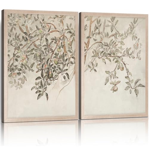 Framed Neutral Vintage Wall Decor Farmhouse Style Tree Sketch Canvas Painting Rustic Botanical Oil Painting Bedroom Bathroom Farmhouse Decoration 12x16 inch 2-Piece Set Can Be Directly Hanged - color: flowers-2, size: 12x16in