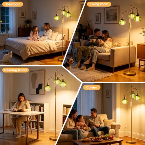 Green Lotus Glass Floor Lamp 3-Light 70" Gold Dimmable Tall Standing Lamp - color: Green Lotus-Gold