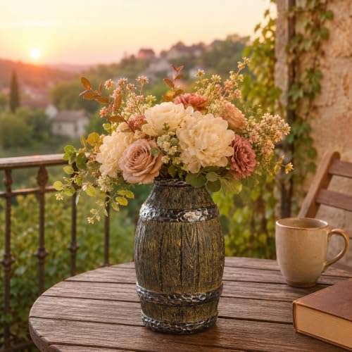 Rustic Barrel Vase for Home Decor, Farmhouse Tabletop Flower Vase, Vintage Wooden-Look Decorative Vase for Living Room, Bedroom, Entryway, Shelf, Mantel Centerpiece