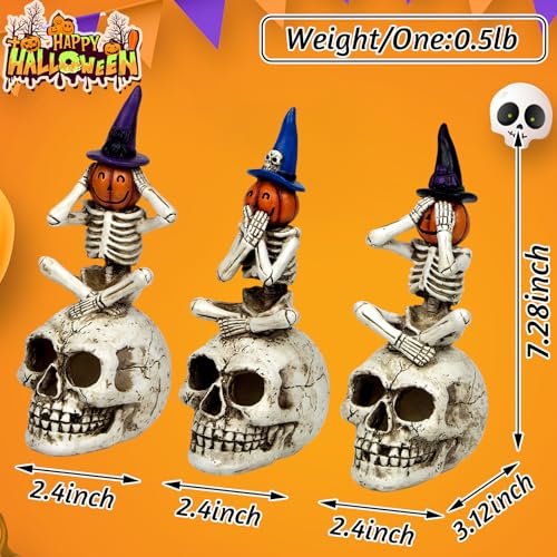 Halloween Skeleton Statue Set of 3, See Speak Hear No Evil Figurines - color: Pumpkin