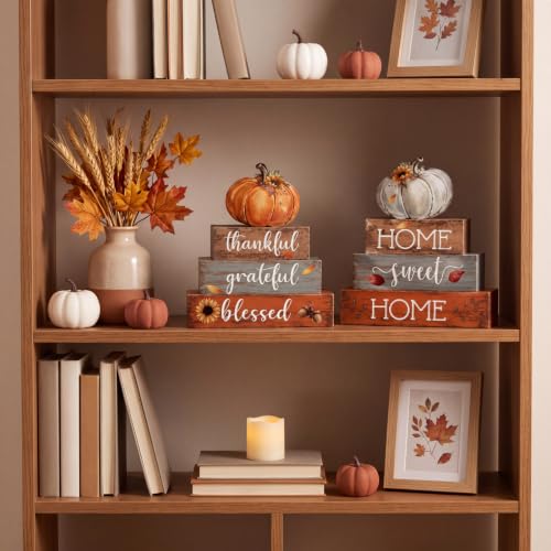 Amyhill 4 Pcs Pumpkin Thanksgiving Tiered Tray Wooden Table Sign Decor - style: Blue Pumpkin