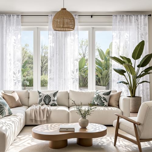 HOMEIDEAS White Semi Sheer Curtains Tropical Monstera Palm, 52 X 84 Inch - color: White - Monstera Palm Leaf, size: 52"W x 84"L (Pack of 2)