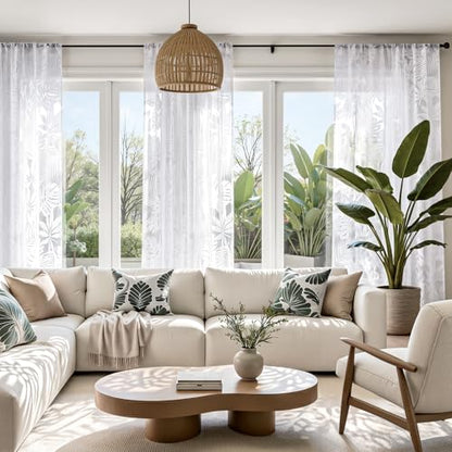 HOMEIDEAS White Semi Sheer Curtains Tropical Monstera Palm, 52 X 96 Inch - color: White - Monstera Palm Leaf, size: 52"W x 96"L (Pack of 2)