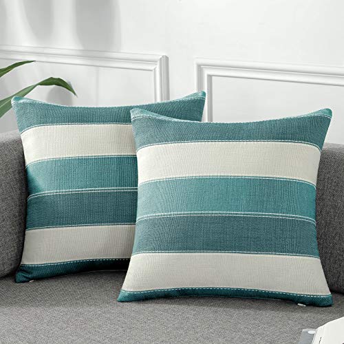 AmHoo Pack of 2 Farmhouse Stripe Check Throw Pillow Covers Set Case Cotton Linen Decorative Pillowcases Cushion Cover for Couch Bench Sofa 18x18Inch Teal Blue - color: Teal Blue, size: 18" x 18" (Pack of 2)