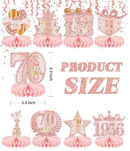 9 Pcs 70th Birthday Decoration for Women 1956 Pink Table Honeycomb Decor - color: 70th-rose Gold Pink