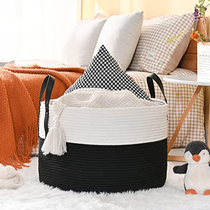 KAKAMAY Large Blanket Basket (20"x13"),Woven Baskets for storage Baby Laundry Hamper, Cotton Rope Blanket Basket for Living Room, Laundry, Nursery, Pillows, Baby Toy chest (White/Black) - color: White and Black