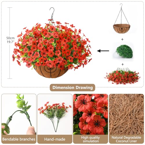 Artificial Hanging Flowers Basket for Outdoor, UV Resistant Plants Daisy - color: Red