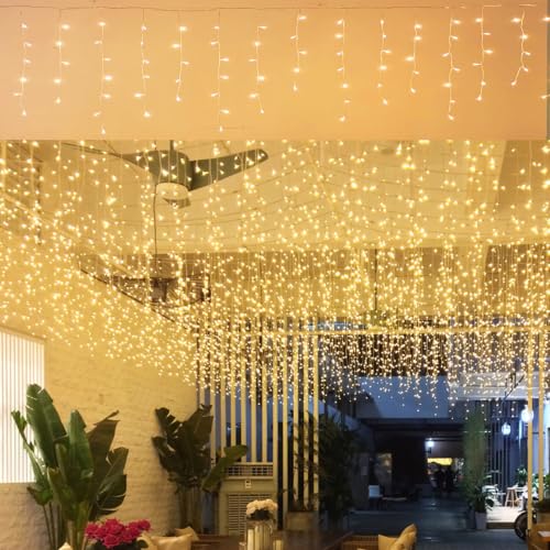 GTSYDING LED Icicle Lights, 96 LEDs 13FT 8 Modes Curtain Extendable Fairy Christmas Ceiling Dangling Hanging Twinkle Memory Lights for Outdoor Indoor Decorations (Warm White, 4M) - color: Warm White, size: 13FT