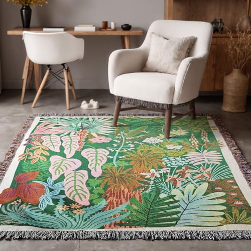 JQZ Tropical Botanical Throw Blanket, Woven Tapestry with Fringe, Colorful Jungle Foliage Design, Green Pink Orange