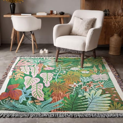 JQZ Tropical Botanical Throw Blanket, Woven Tapestry with Fringe, Colorful Jungle Foliage Design, Green Pink Orange