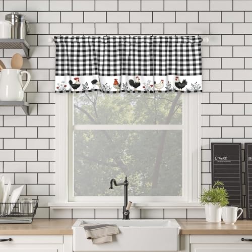 Buffalo Check Plaid Valances for Windows Farmhouse Rooster Kitchen Curtains Rustic White and Black Design Window Treatment Rod Pocket Valances for Kitchen Living Room 54 x 18 Inch, 1 Panel - color: Black and White