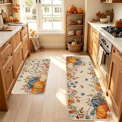 Baccessor Fall Pumpkin Kitchen Rugs Set of 2, 17x29 and 17x47 Inch - color: Blue Floral