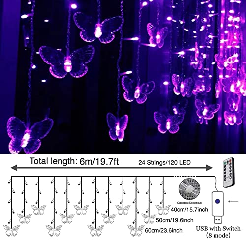 Butterfly Curtain Fairy Lights USB Plug in,8 Modes 120 LED 19.7FT Firefly Twinkle Timer String Lights with Remote, Waterproof Copper Wire for Bedroom Patio Christmas Wedding Party Dorm (Purple) - color: Purple