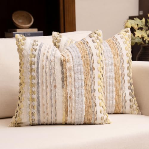 Boho Chenille Tufted Throw Pillow Covers 18x18 Inch Set of 2 Farmhouse Yellow Woven Striped Decorative Pillowcases for Couch Sofa Bed - color: Yellow