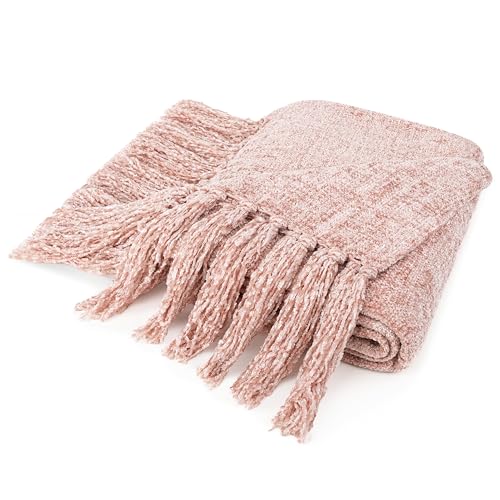 PAVILIA Chenille Throw Blanket, Knit Twin Size Tassel Throw, Pink 60x80 - color: Blush Pink, size: 60 X 80 Inches - Twin