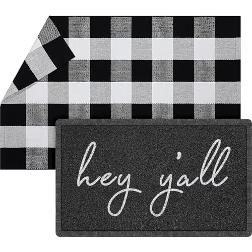 Geelin 2 Pcs Hey Y'all Doormat, Black and White Buffalo Plaid Rug Set - style: Hey Y'all