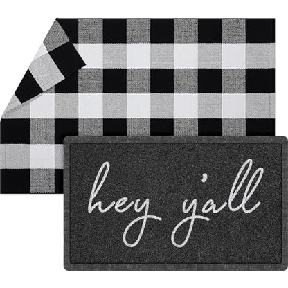 Geelin 2 Pcs Hey Y'all Doormat, Black and White Buffalo Plaid Rug Set - style: Hey Y'all